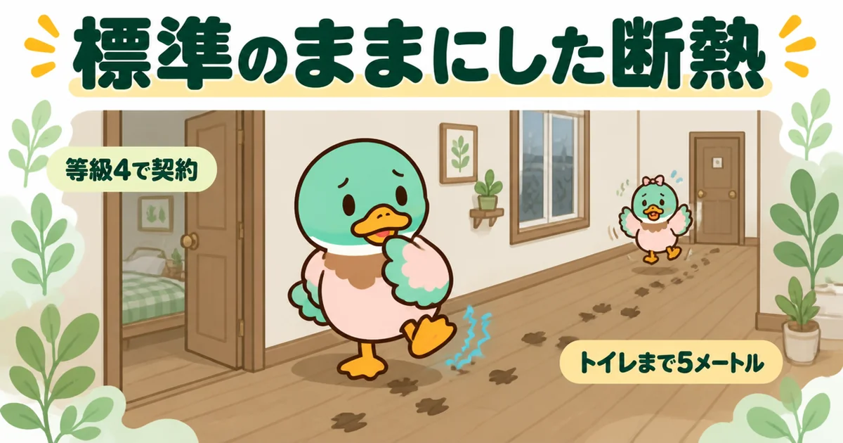断熱を標準の等級4のままにした家で、冬の朝に寝室からトイレまでの5メートルで足の裏が痺れるあいみつ。ローコスト住宅でなくても起きた場面。