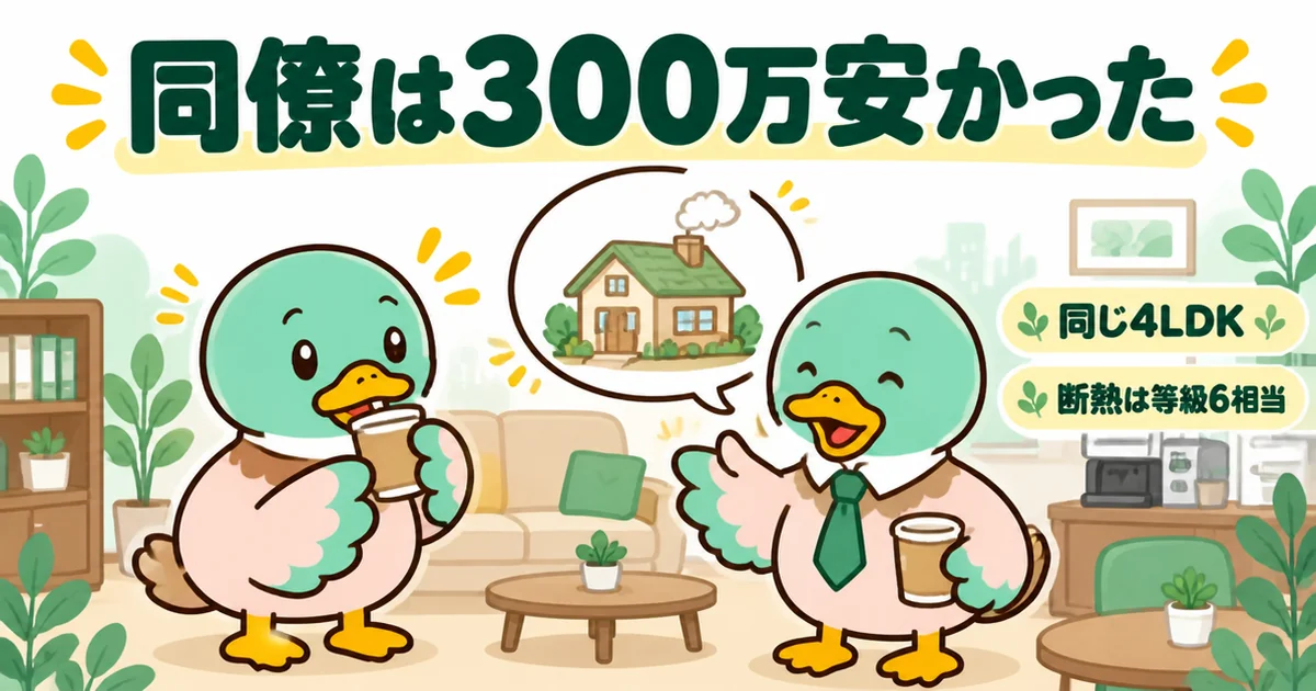 同じ4LDKを建てた同僚の総額が300万安く、断熱は等級6相当だったと聞いて手が止まるあいみつ。ローコスト住宅かどうかより比べ方の差だった。