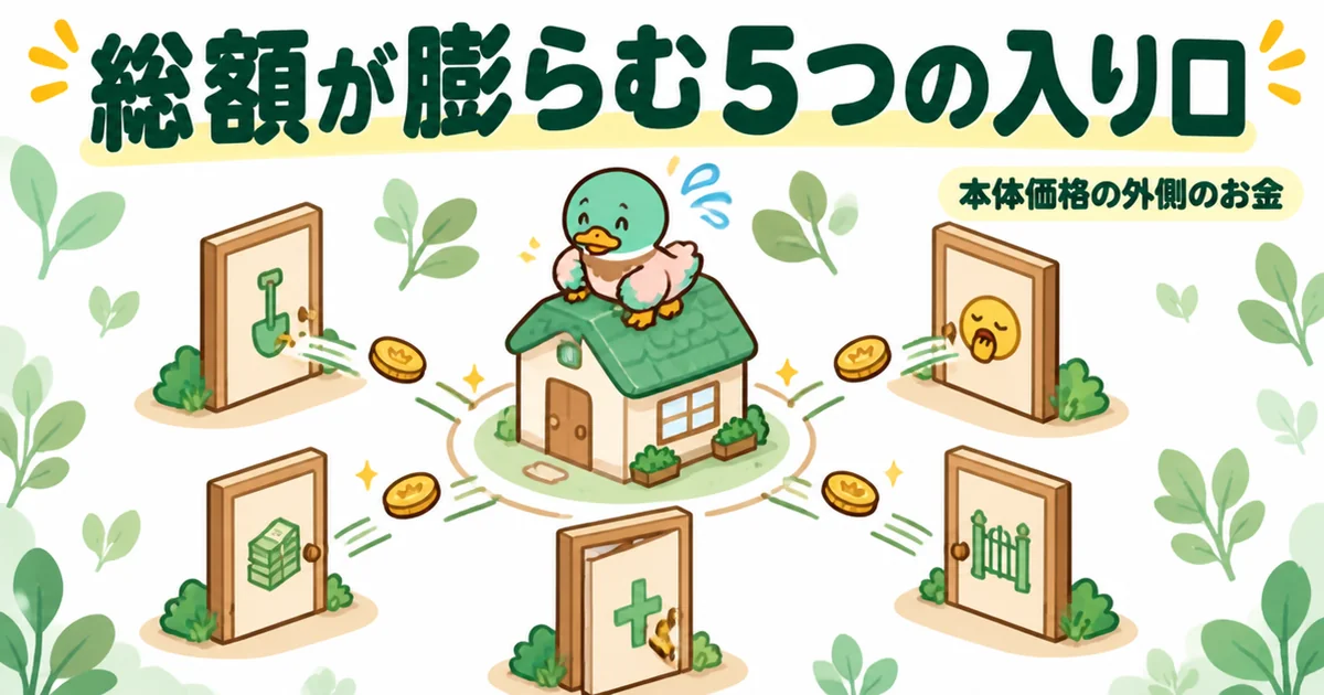 ローコスト住宅で総額が膨らむ5つの入り口を、本体価格の外側へコインが流れていく5つの扉で表したイラスト。