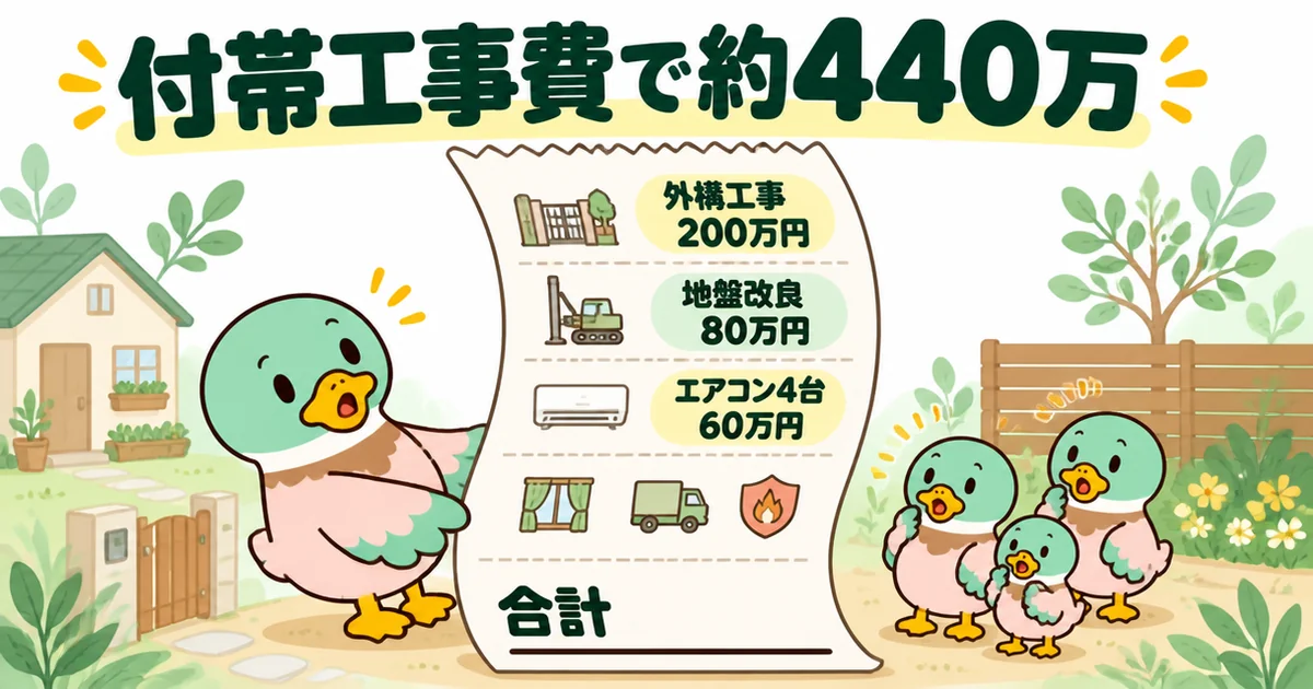 本体価格に入っていない付帯工事費が約440万円になった内訳を、外構工事200万円・地盤改良80万円・エアコン4台60万円などのレシートで示した図。ローコスト住宅でも同じようにかかる。