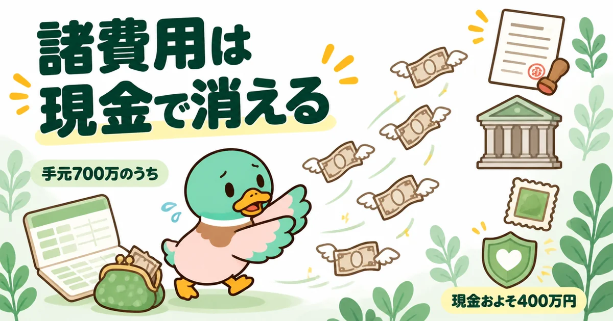 ローコスト住宅でも必要な諸費用として、手元700万のうちおよそ400万円が現金で出ていく様子を通帳から飛ぶお札で描いた図。