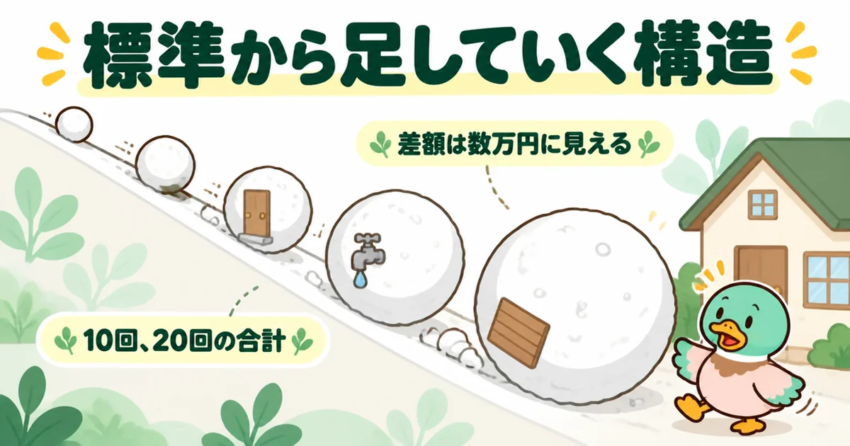ローコスト住宅の標準仕様から足していくと、数万円に見える差額が10回、20回と重なって大きくなる様子を転がる雪だるまで表した図。