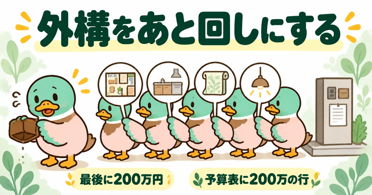 ローコスト住宅で外構をあと回しにすると、建物で予算を使い切ったあと最後に200万円の見積もりが出てくることを行列で表した図。