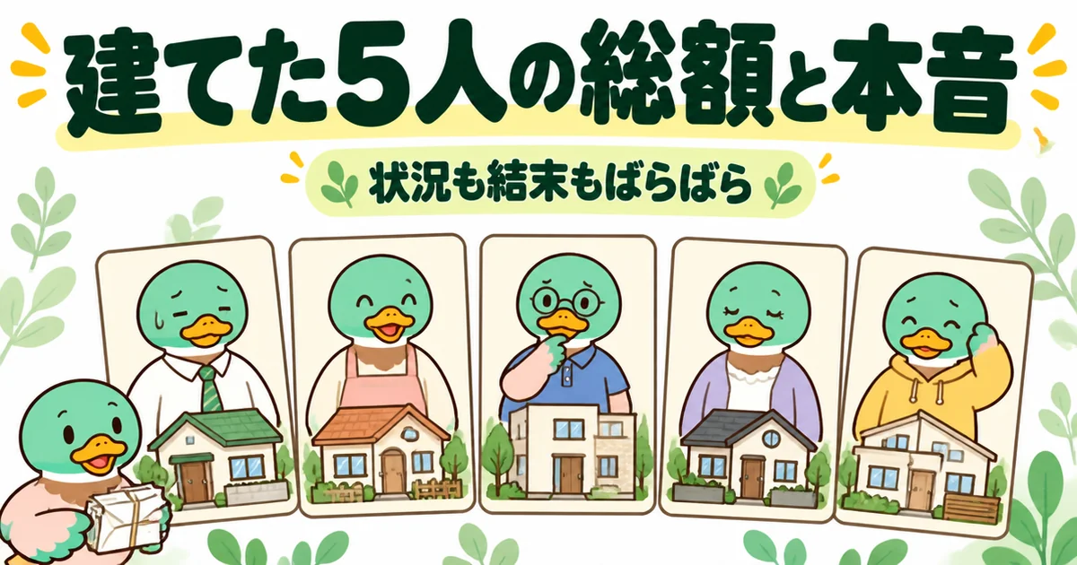 ローコスト住宅を建てた5人の総額と今の本音を、年代も表情も違う5羽のカモのカードで紹介するイラスト。