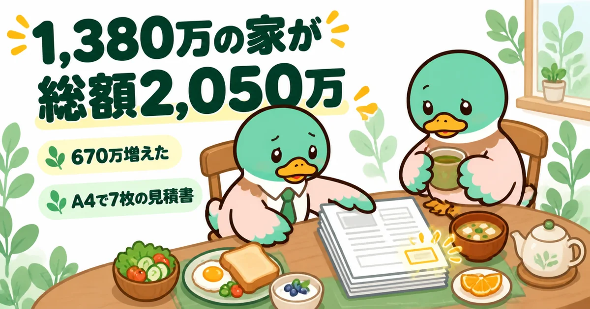 本体1,380万のローコスト住宅が総額2,050万になり、670万増えた見積書を翌朝の食卓に黙って置く34歳男性のカモ。