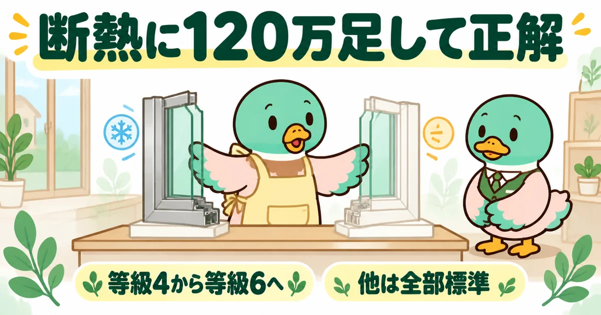 ローコスト住宅で断熱に120万足して等級4から等級6へ上げた41歳女性のカモが、ショールームでアルミと樹脂の窓枠をさわり比べる場面。