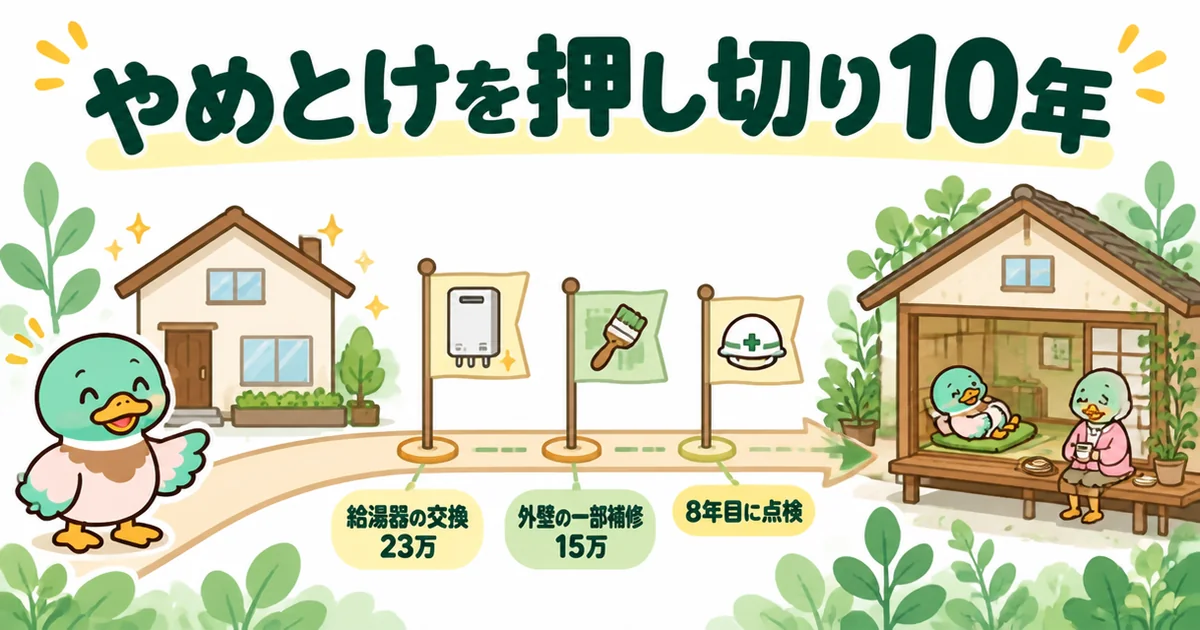 親のやめとけを押し切ってローコスト住宅を建てた45歳女性の10年を、給湯器の交換23万・外壁の一部補修15万・8年目の点検の年表で示した図。