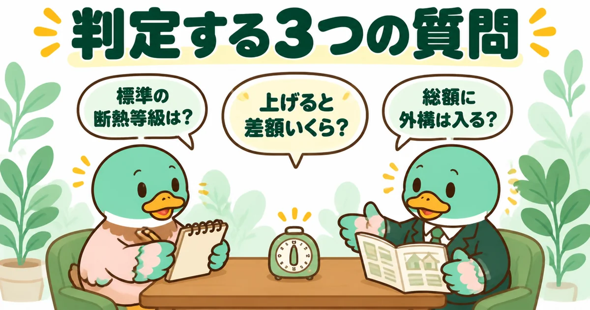 ローコスト住宅はやめとけに当てはまるかを判定する3つの質問として、標準の断熱等級・上げた場合の差額・総額に外構が入るかを営業担当に聞くあいみつ。