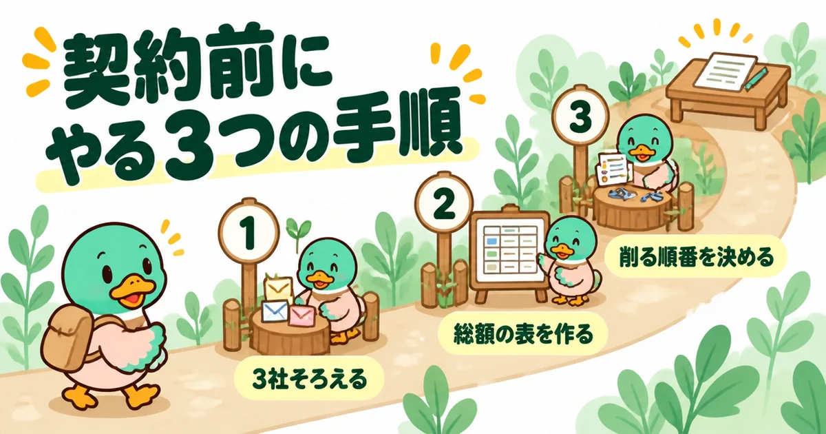 ローコスト住宅はやめとけと言われた人が契約前にやる3つの手順を、3社そろえる・総額の表を作る・削る順番を決めるの番号つきの道で示した図。