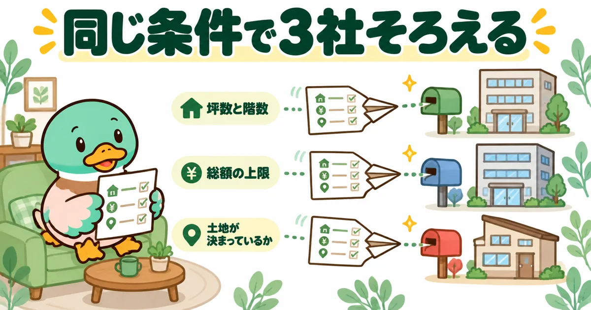 ローコスト住宅の見積もりを同じ条件で3社そろえるため、坪数と階数・総額の上限・土地の状況を書いた同じメモを3社に送るあいみつ。
