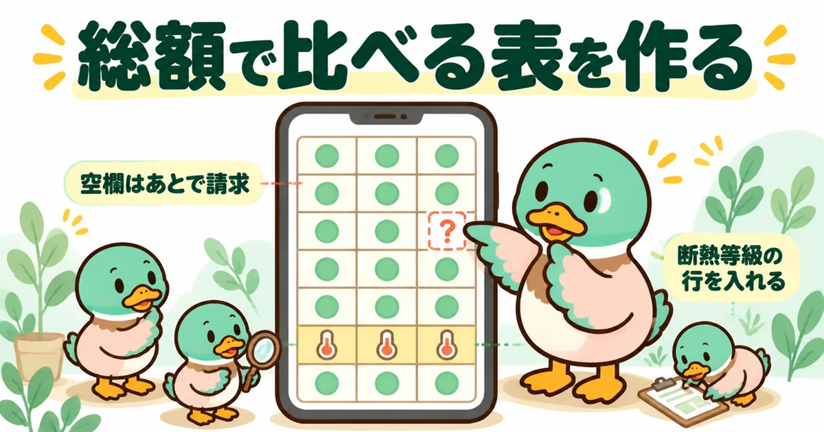 ローコスト住宅の見積もりを総額で比べる表。断熱等級の行を入れ、空欄はあとで請求される場所だと指さすあいみつ。