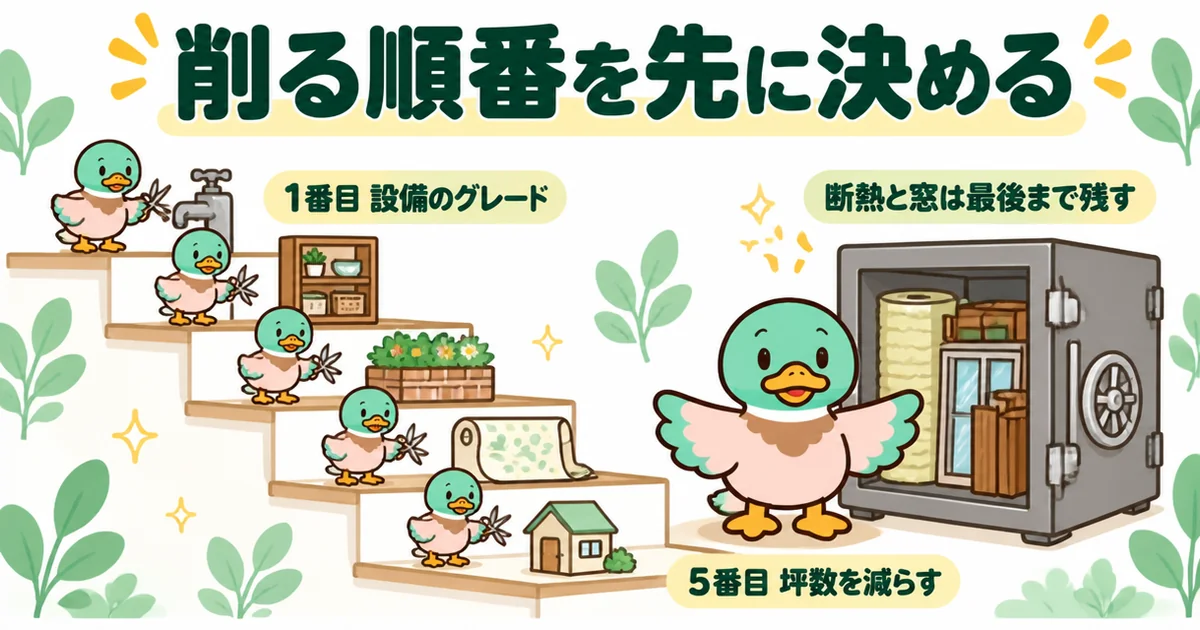 ローコスト住宅で予算が足りないときの削る順番を5段の階段で示し、断熱と窓は最後まで残すと金庫で守るあいみつ。