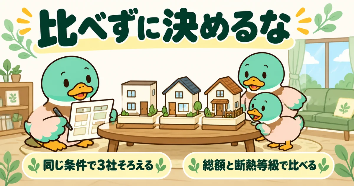 ローコスト住宅はやめとけではなく比べずに決めるなという結論を、同じ条件の家の模型3つを総額と断熱等級で見比べるあいみつ一家で表したイラスト。