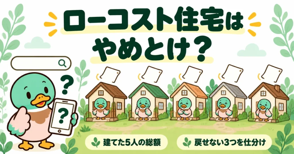 ローコスト住宅はやめとけと言われて考えるあいみつと、実際に建てた5人の家が並ぶイラスト。