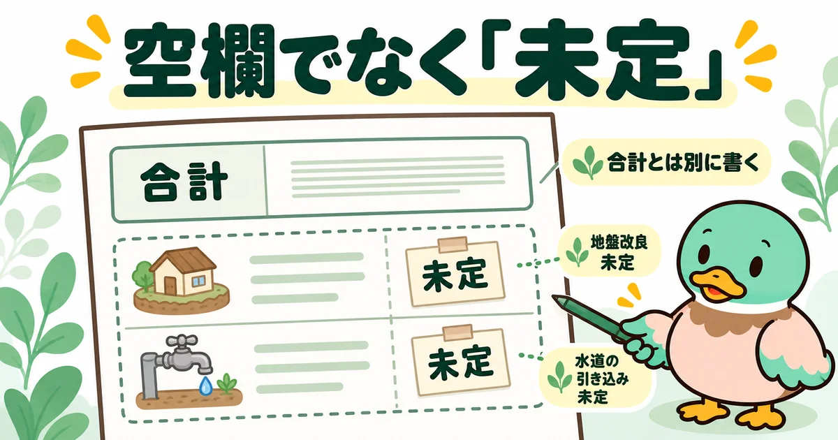 見積もりに含まない地盤改良や水道の引き込み費用を、空欄にせず未定として合計とは別に書いてもらう図解。