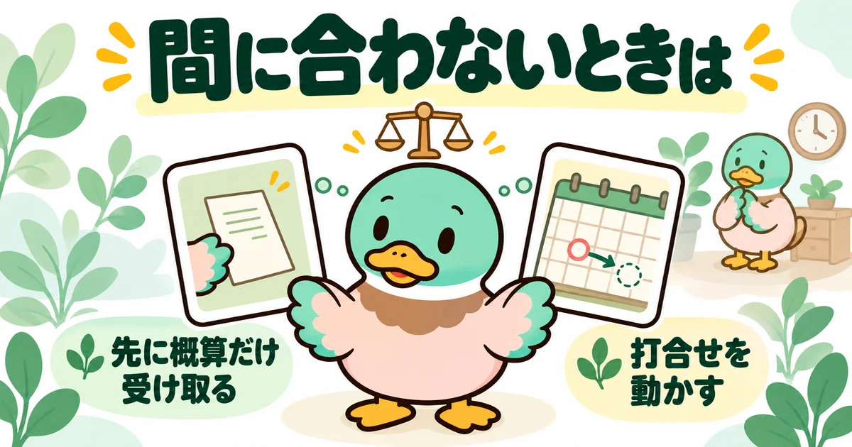 見積もりが打合せに間に合わないとき、先に概算だけ受け取るか、打合せを動かすかを選ぶあいみつの図解。