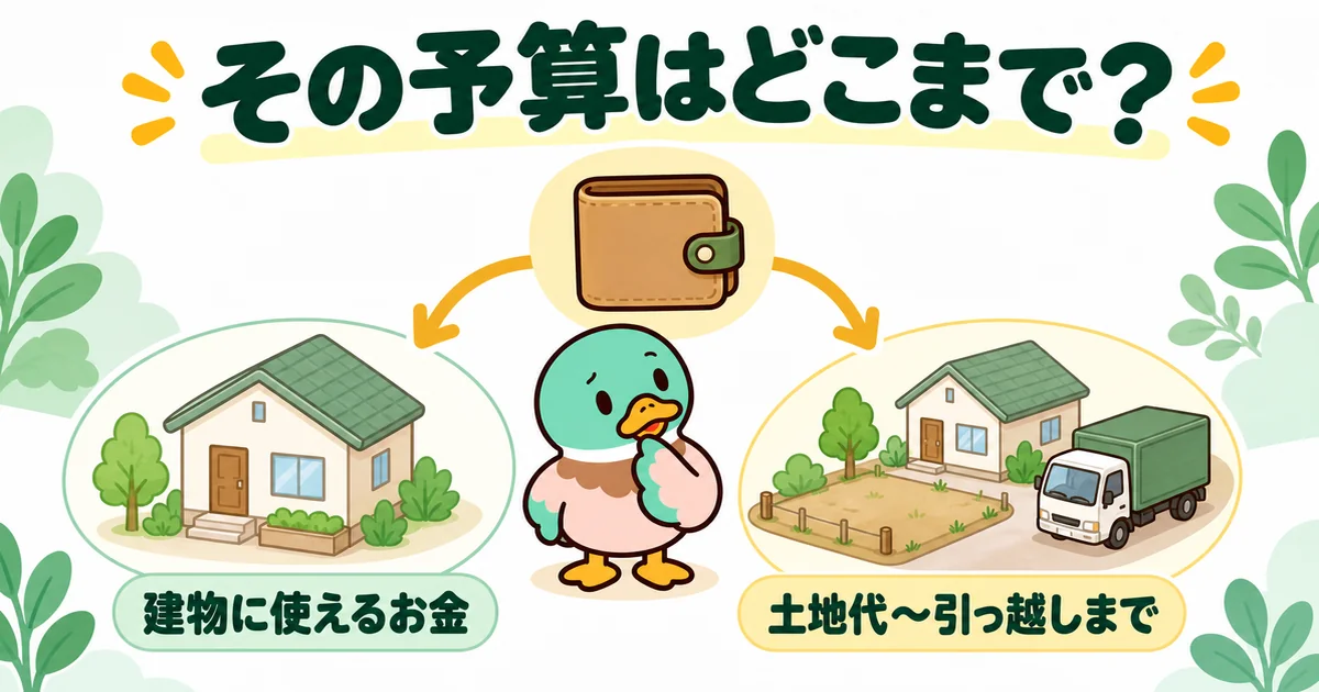 見積もりを頼むときの予算が、建物に使えるお金なのか、土地代から引っ越しまで含むお金なのかを比べた図解。