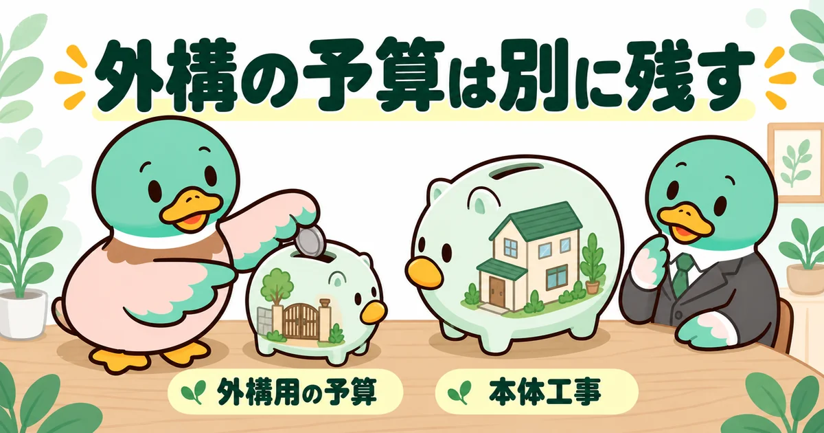 見積もりの本体工事とは別に外構用の予算を貯金箱で分けて残し、その前提を住宅会社に伝えるあいみつの図解。