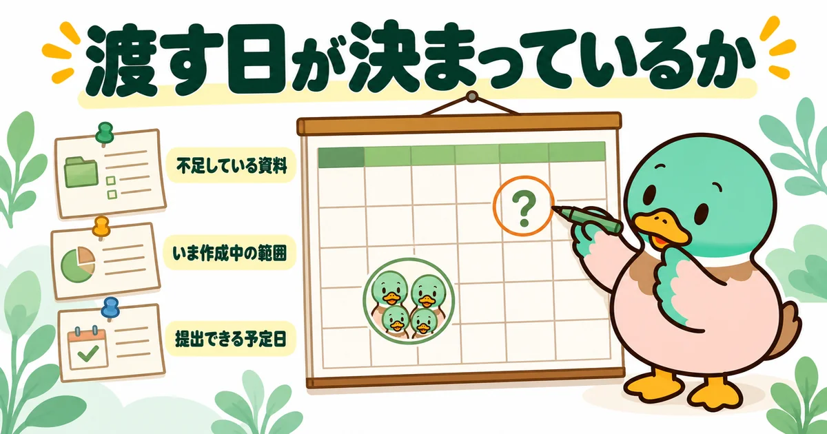 見積もりを渡す日が決まっているかを確かめるため、カレンダーの提出予定日にはてなを付けて聞くあいみつ。