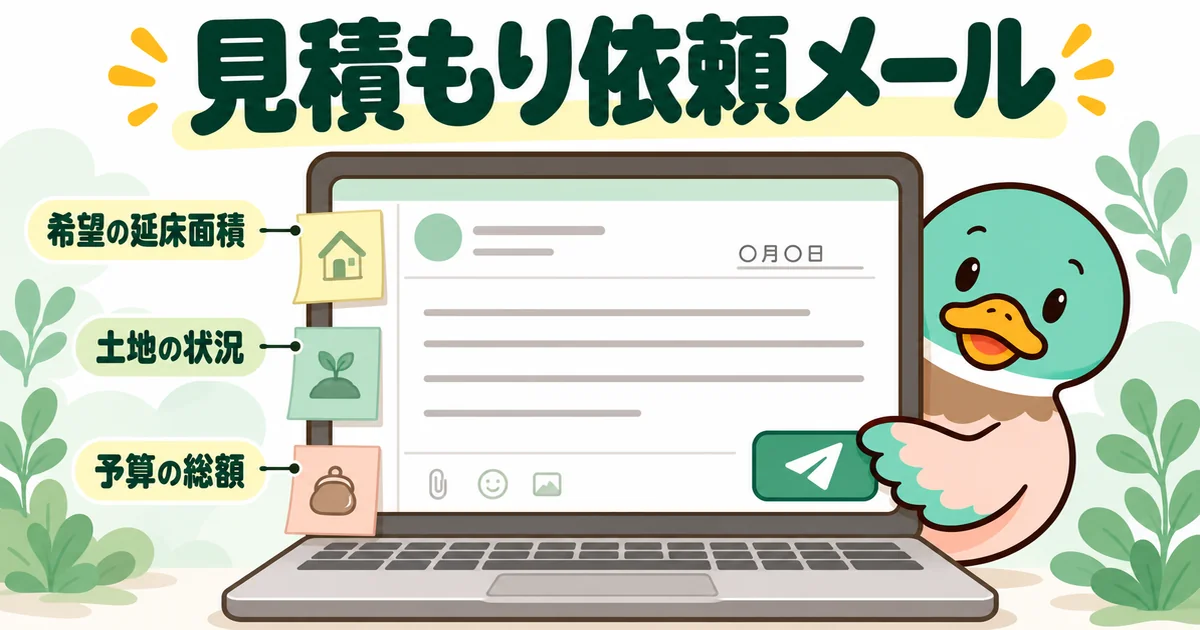 延床面積・土地の状況・予算の総額を添えて、ハウスメーカーへ見積もり依頼メールを送ろうとするあいみつ。