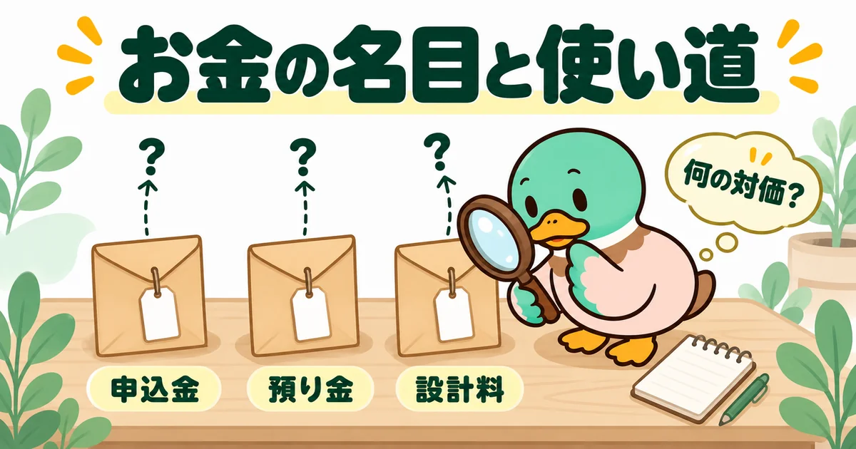 申込金・預り金・設計料という名前だけで判断せず、見積もりの前に払うお金が何の対価かを虫めがねで確かめるあいみつ。