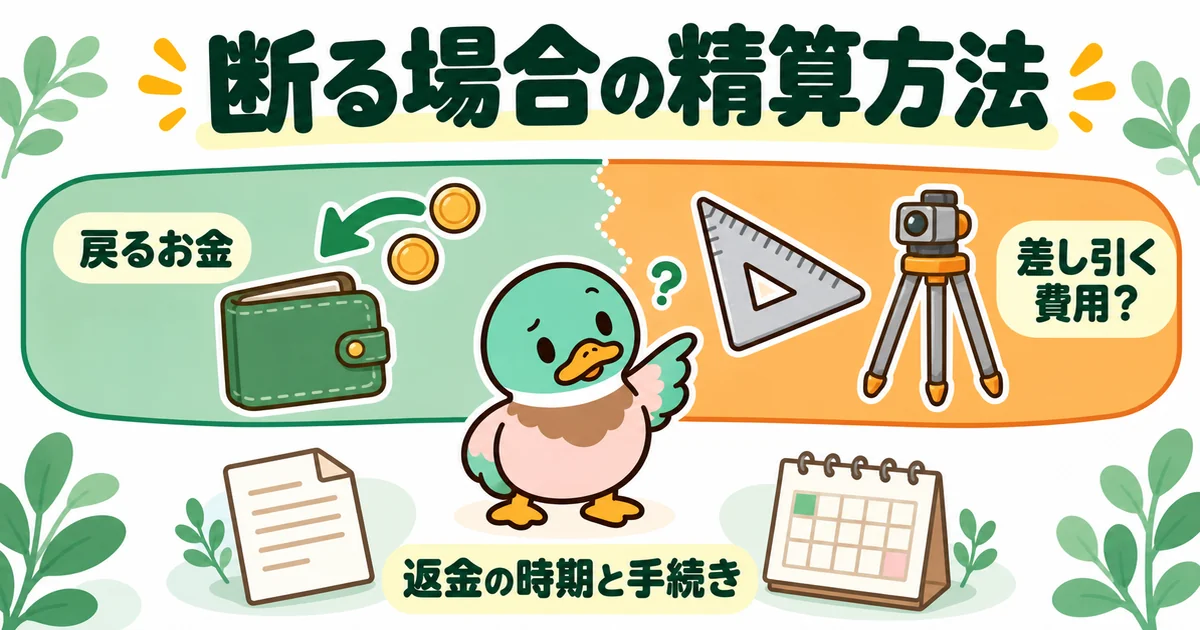 見積もりの前に払ったお金について、断る場合に戻る分と差し引かれる費用の境目を書面で確かめるあいみつの図。