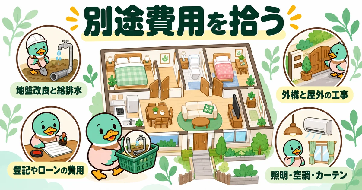 見積もりの建物本体の外にある地盤改良・外構・登記やローン・照明や空調などの別途費用をかごに拾うあいみつ。