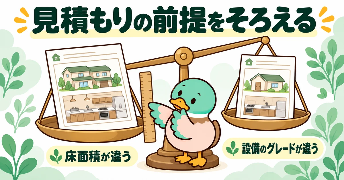 ほかの会社と見積もりを比べる前に、床面積や設備のグレードという前提の違いを天秤で確かめるあいみつ。