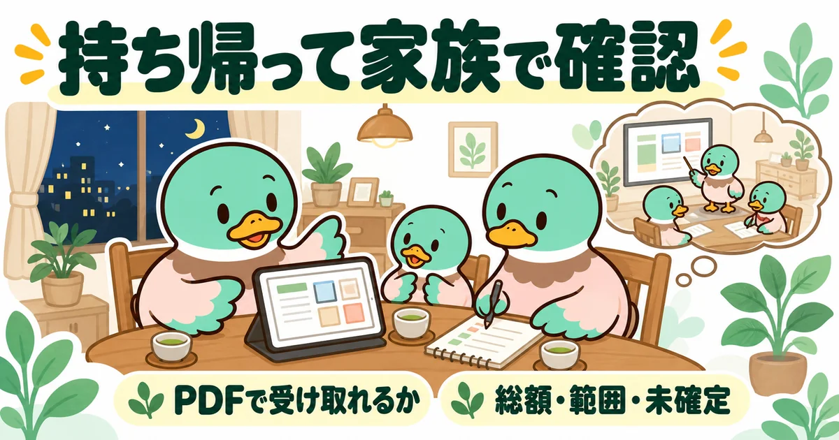 打合せで見た見積もりをPDFで持ち帰り、自宅の食卓で家族と総額や未確定項目を確認するあいみつ。