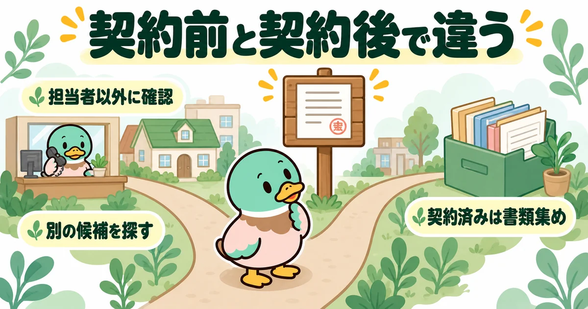 ハウスメーカーから見積もりの返答がないとき、契約前と契約後で次の動きが分かれることを分かれ道で示した図。