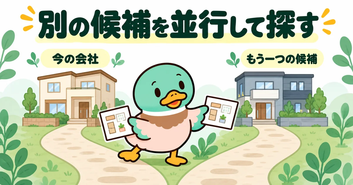 今のハウスメーカーとのやりとりを続けながら、同じ希望で見積もりを相談できる別の候補を並行して探すあいみつ。