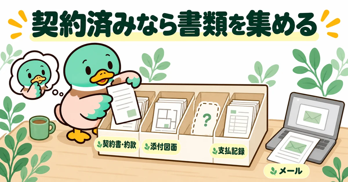 工事契約後に見積もりの内訳が渡されないとき、契約書・約款・添付図面・支払記録・メールを集めて欠けを探すあいみつ。