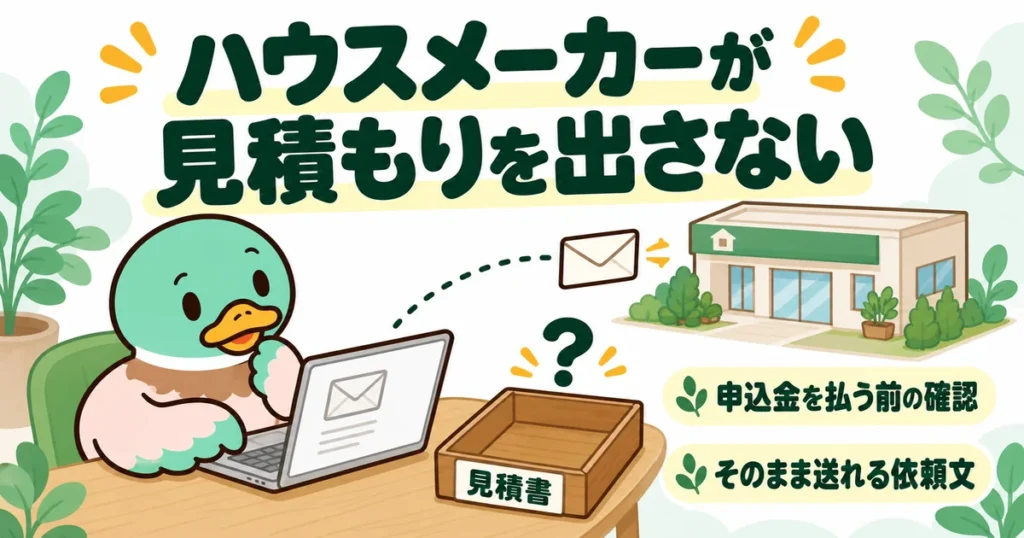 ハウスメーカーが見積もりを出さないので、空の書類トレーの横で確認のメールを打つあいみつのイラスト。