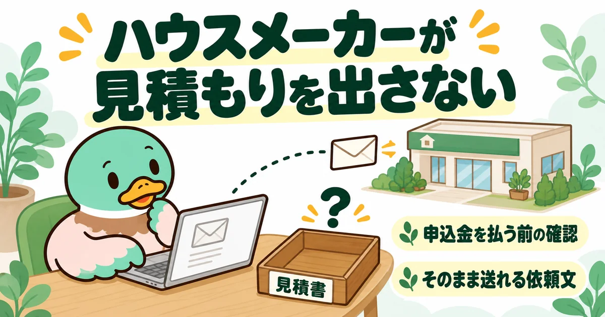 ハウスメーカーが見積もりを出さないので、空の書類トレーの横で確認のメールを打つあいみつのイラスト。