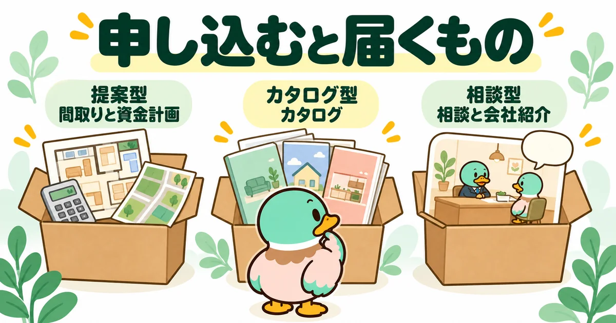 注文住宅の一括資料請求で申し込んだ時点に届くものを、提案型は間取りと資金計画、カタログ型はカタログ、相談型は相談と会社紹介と3つの箱で示す図解。