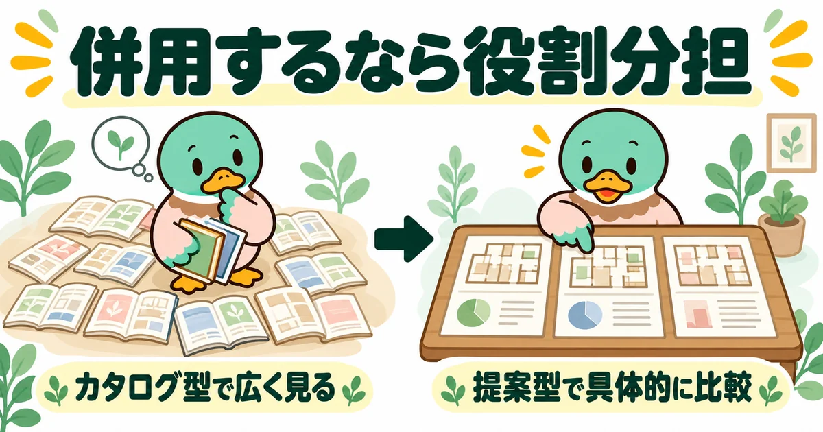 注文住宅の資料請求サイトを併用するとき、カタログ型で広く見てから提案型で具体的に比べる役割分担を2段階で示した図解。