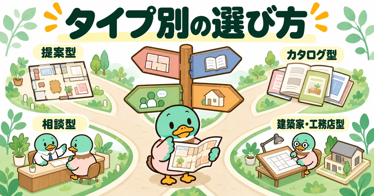 注文住宅の資料請求サイトを提案型・カタログ型・相談型・建築家工務店型の4タイプに分けた道しるべの前で選ぶあいみつ。