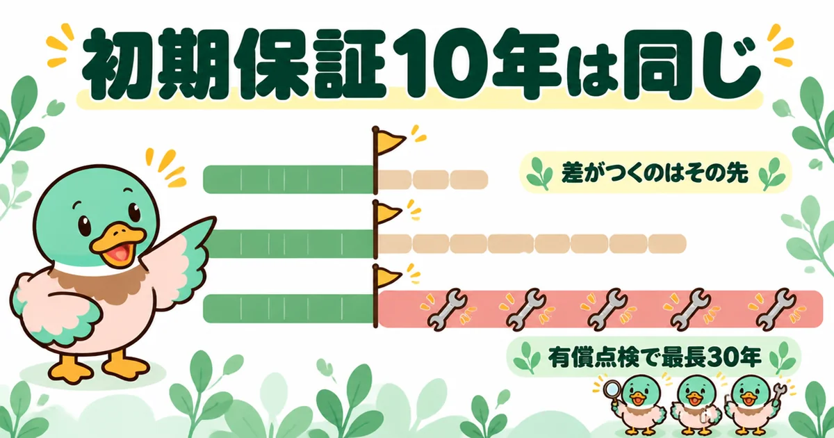 初期保証10年はどの会社も同じで、差がつくのはその先の延長条件だと示した年表の図解。標準仕様の比較表には有償点検で最長30年などと書く。