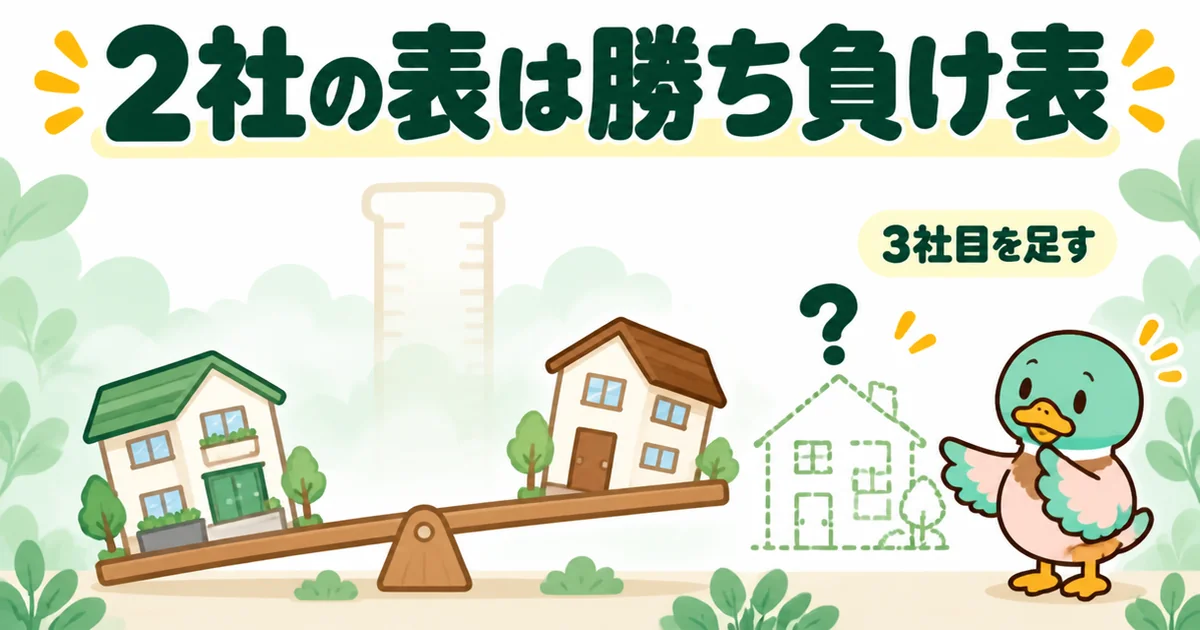 列が2社だけの標準仕様の比較表は勝ち負けしか分からず、3社目を足すまで結論を出さないことをシーソーで表した図解。