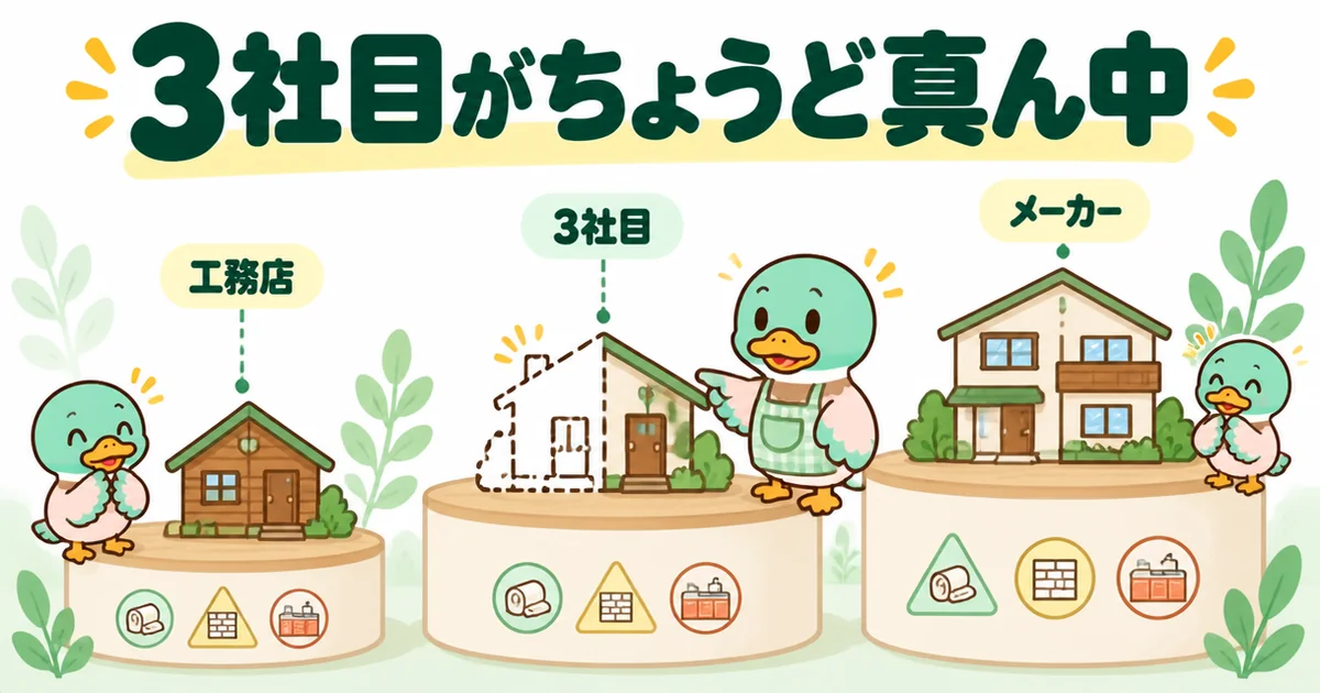 工務店とメーカーの2社に3社目を足すと、3社目がちょうど真ん中になり標準仕様の差が読めたことを3つの台で示した比較表の図解。