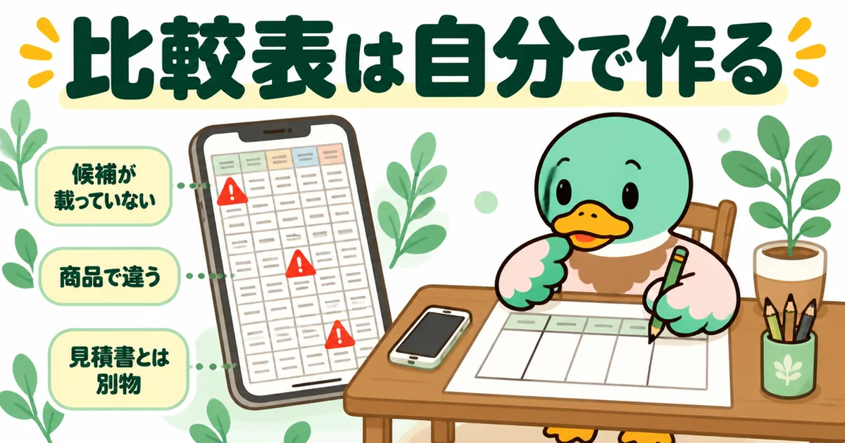 注文住宅の標準仕様の比較表は、ネットの各社一覧では使えず自分で作るしかないことを、スマホの一覧と白紙の表で表したイラスト。