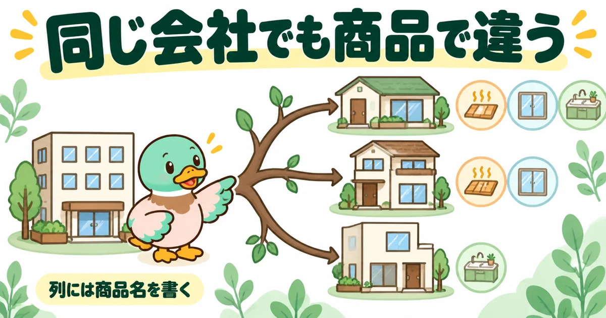 注文住宅の標準仕様は同じ会社でも商品ごとに違うため、比較表の列には商品名を書くことを、1社から3つの家が枝分かれする図で示したイラスト。