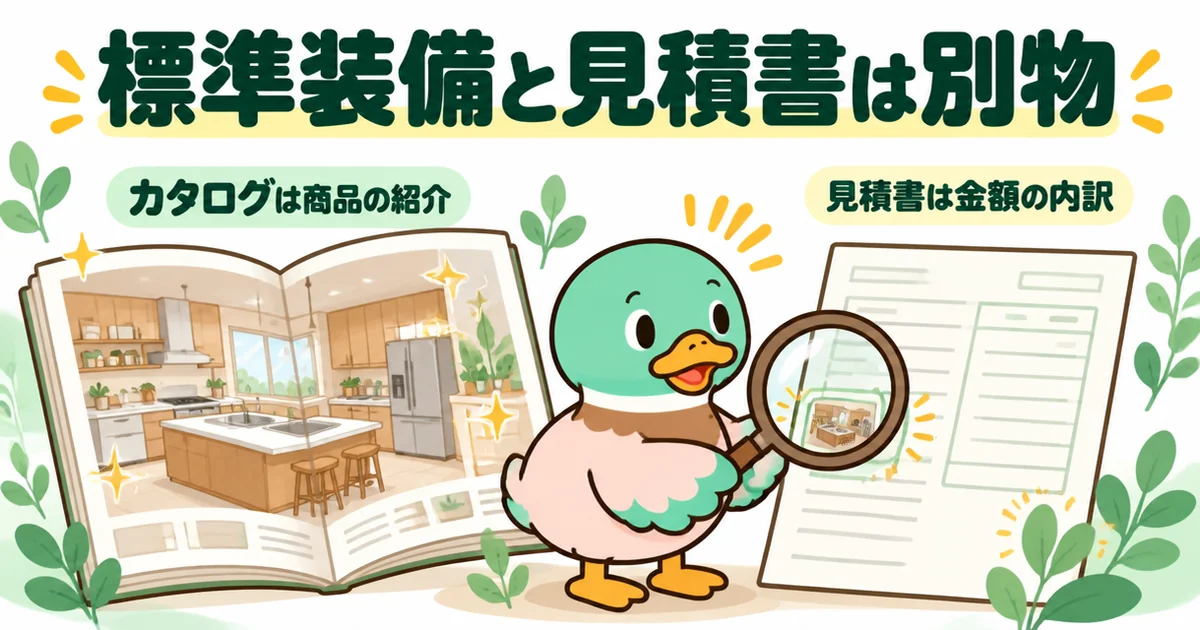 カタログの標準装備と見積書の標準仕様は別物で、写真の設備が見積書では別途工事の欄に入っている例を左右で比べた図。比較表には根拠を書く。
