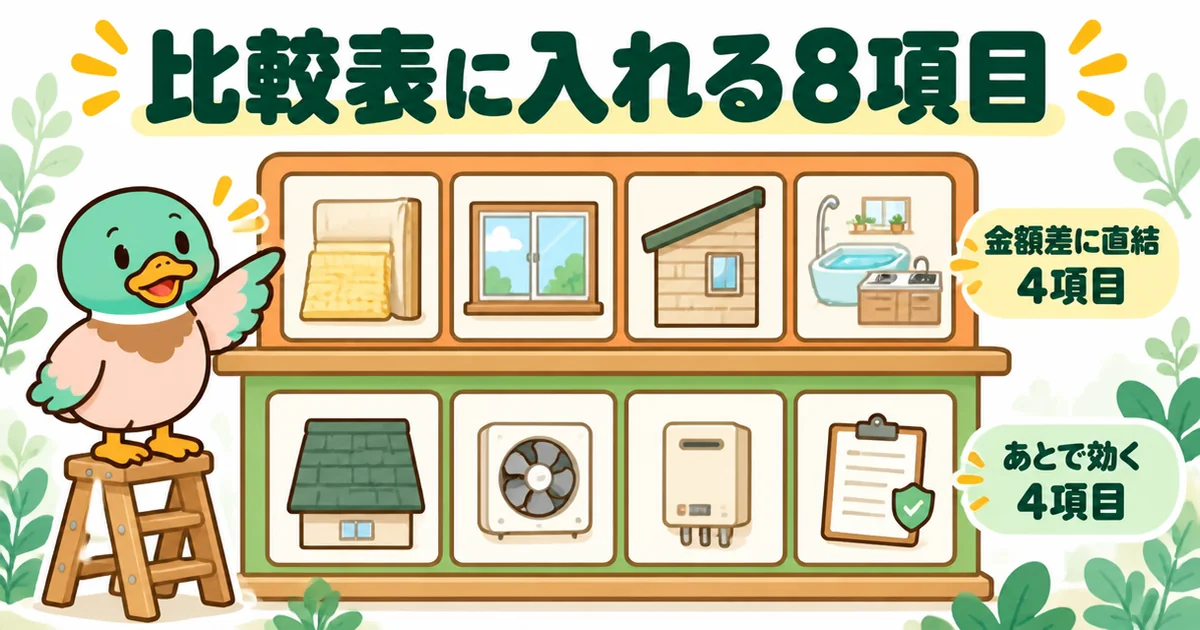 注文住宅の標準仕様の比較表に入れる8項目を、金額差に直結する4項目とあとで効いてくる4項目の2段の棚で示したイラスト。