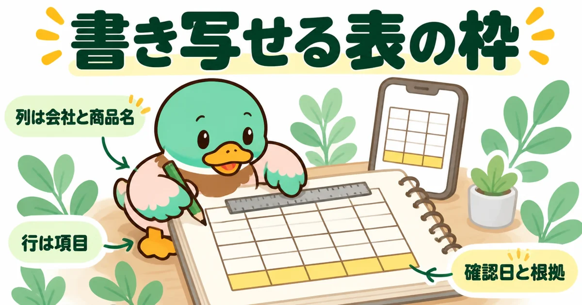 注文住宅の標準仕様の比較表の枠をノートに書き写すあいみつ。列は会社と商品名、行は項目で、いちばん下に確認日と根拠の行がある。