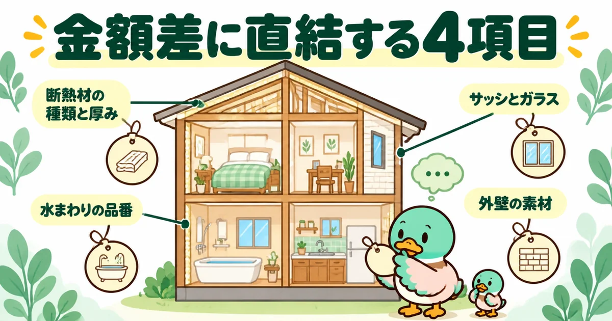 注文住宅の標準仕様で金額差に直結する4項目として、断熱材・サッシとガラス・外壁の素材・水まわりの品番に値札をつけた家の断面図。比較表の主役になる。