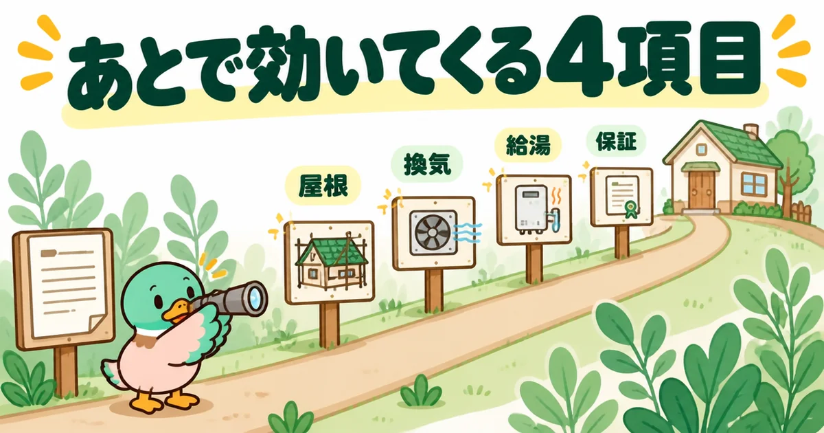 注文住宅の標準仕様のうち住んでから差が出る屋根・換気・給湯・保証の4項目を、契約から入居後へ続く道の立て札で示した図。比較表の後半に入れる。