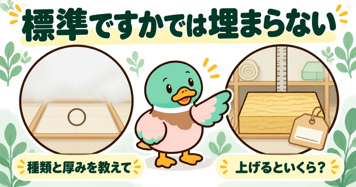 標準ですかと聞くだけでは比較表は埋まらず、種類と厚みや上げた場合の金額を聞くと標準仕様の中身が書けることを左右で比べた図。