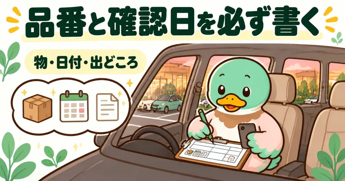 打ち合わせ帰りの車の中で、品番と確認日と出どころを標準仕様の比較表に書き移すあいみつ。
