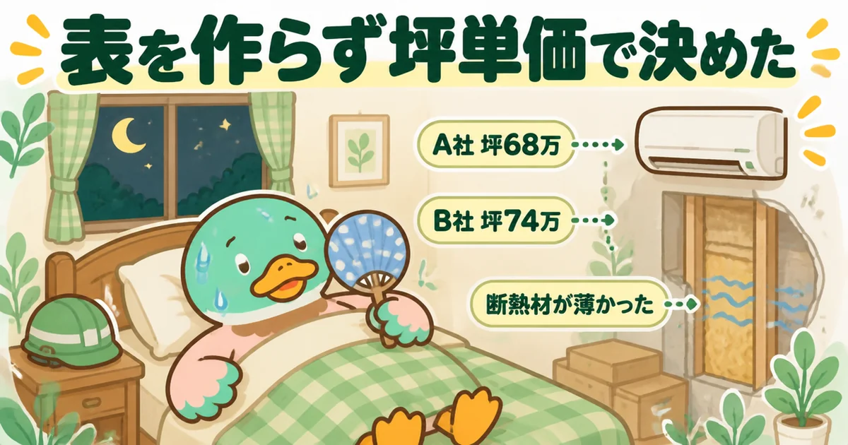 比較表を作らず坪単価68万と74万だけで決め、標準仕様の断熱材が薄かったと夏の2階寝室で気づく41歳男性のカモ。